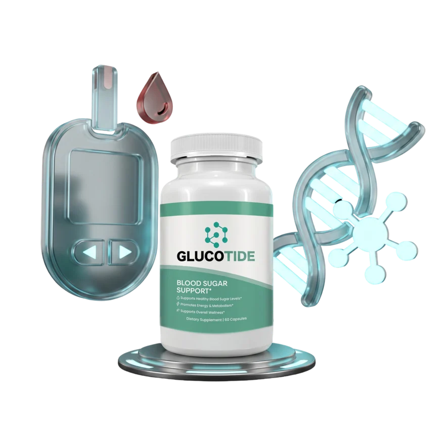 Glucotide blood sugar support capsules bottle with a glucose meter